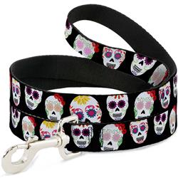 Dog Leash - Staggered Sugar Skulls Black/Multi Color
