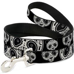 Dog Leash - Panda Bear Sugar Skull CLOSE-UP Scattered Black/Cream