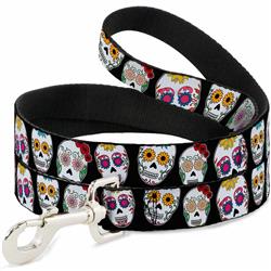 Dog Leash - Sugar Skull Outline Black/Multi Color