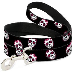 Dog Leash - Staggered Sugar Skulls Black/Pink/White