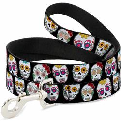 Dog Leash - Staggered Sugar Skulls CLOSE-UP Black/Multi Color