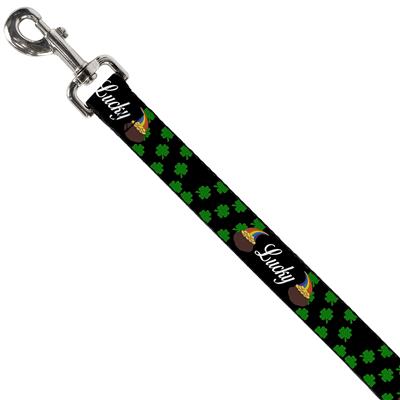 Dog Leash - St. Pat's LUCKY Pot of Gold/Shamrocks Scattered Black/Green/White