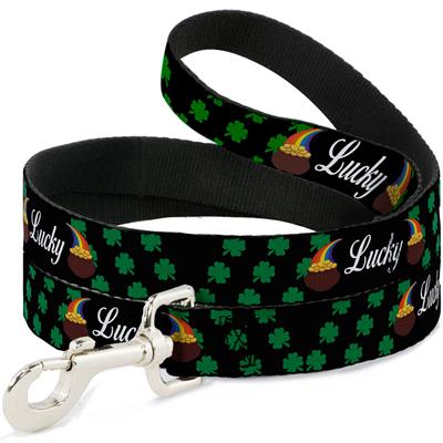 Dog Leash - St. Pat's LUCKY Pot of Gold/Shamrocks Scattered Black/Green/White