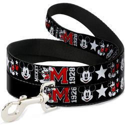 Dog Leash - Classic Mickey Mouse 1928 Collage Black/White/Red