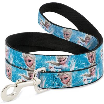 Dog Leash - Frozen Elsa Face/Action Pose/Snowflakes Blues/White