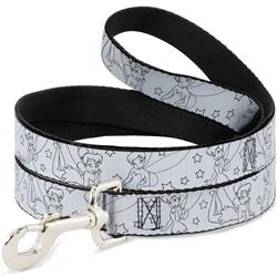 Dog Leash - Tinker Bell Poses/Stars Outline White/Black