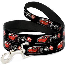 Dog Leash - Cars 3 Lightning McQueen Caricature/Race Flags Black/White/Red