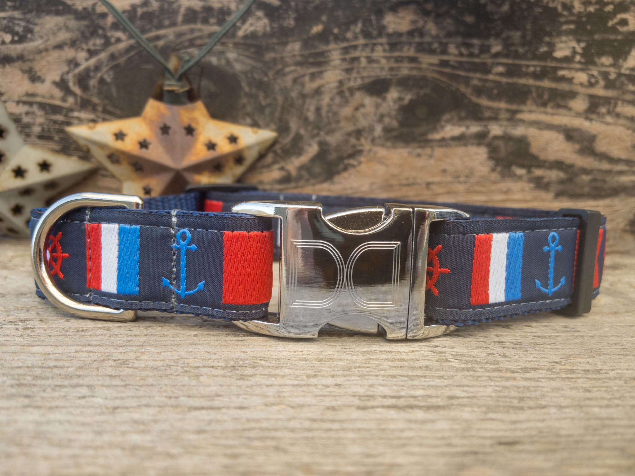 Nautical Flags Dog Collar Silver Metal Buckles