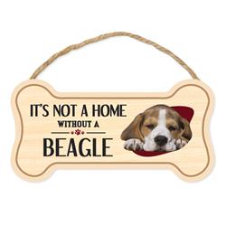 "It's not a home without a Beagle" - Bone Shaped Breed Wooden Signs 5" x 10" with Rope