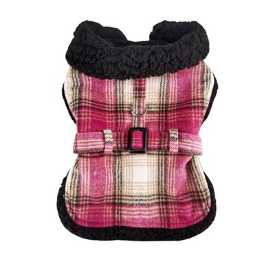 Sherpa Lined Dog Harness Coat - Hot Pink and Tan Plaid with Matching Leash