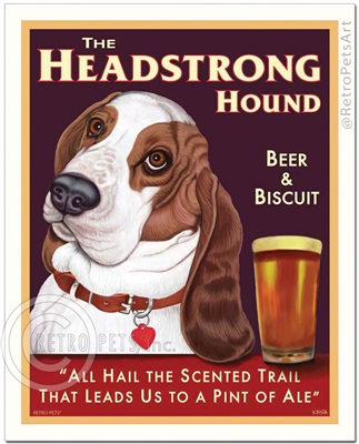 The Headstrong Hound Beer & Biscuit on Black Background (Red & Brown Basset Hound)