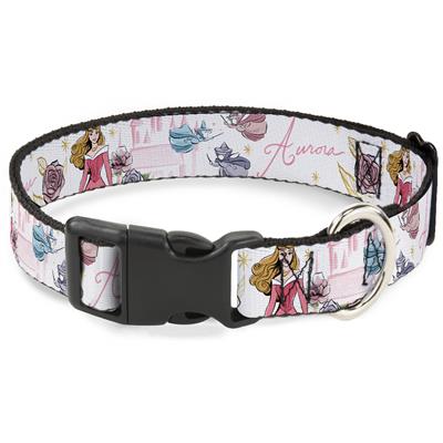 Plastic Clip Collar - Sleeping Beauty Aurora Castle and Fairy Godmothers Pose with Script and Flowers White/Pinks