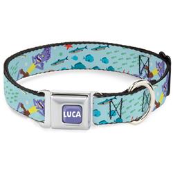 LUCA Logo Full Color Lavender/White Seatbelt Buckle Collar - Luca Isola del Mar Alberto Sea Monster School of Fish Collage