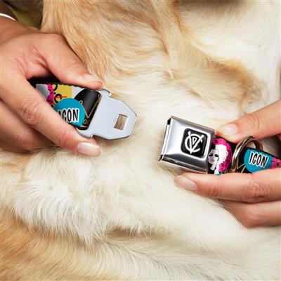 Cruella de Vil CDV Icon Black/White Seatbelt Buckle Collar - Cruella de Vil Cruell World and Round Badge Icons Collage