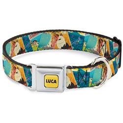 LUCA Logo Full Color Yellow/Black Seatbelt Buckle Collar - Luca The Piazza Poster Collage Stacked