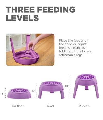 Outward Hound 3in1 UP Feeder - Adjustable Elevated Slow Feeder Dog Bowl, Purple