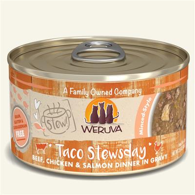 Weruva Cat Taco Stewsday Beef, Chicken & Salmon Dinner in Gravy 5.5oz (Case Of 8)