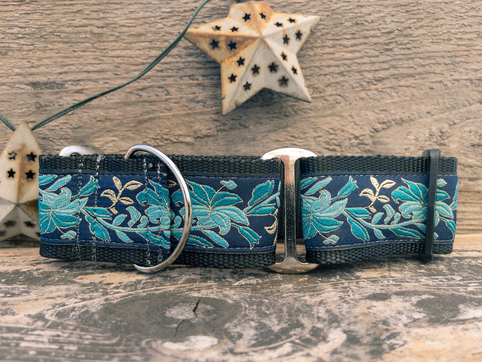 Moon Flower Extra Wide Martingale Dog Collar & Midnight Blue Velvet Leash