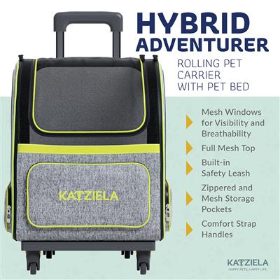 Katziela® Green Hybrid Adventurer Pet Backpack with Removable Wheels and Telescopic Handle