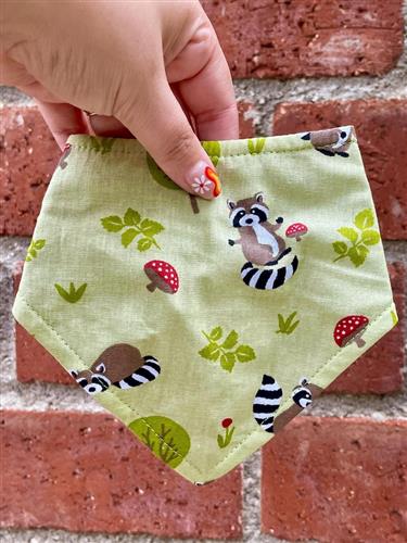Raccoon & Mushroom Dog Bandana – Green Fall Accessory for Pets | Eco-Friendly | Toadstool Pet Scarf | Handmade in LA