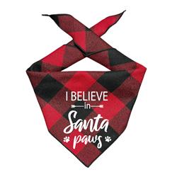 Christmas Bandana - Red Plaid Flannel Dog Bandana - I BELIEVE IN SANTA PAWS