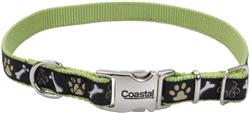 Ribbon Adjustable Dog Collar with Metal Buckle, Brown Paws and Bones