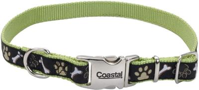 Ribbon Adjustable Dog Collar with Metal Buckle, Brown Paws and Bones