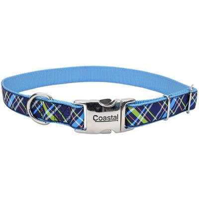Ribbon Adjustable Dog Collar with Metal Buckle, Navy Blue Plaid