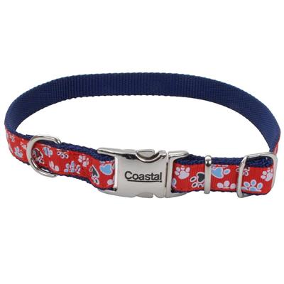 Ribbon Adjustable Dog Collar with Metal Buckle, Red with Paws