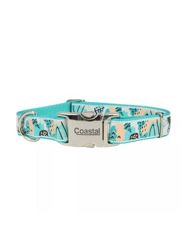 Ribbon Adjustable Dog Collar with Metal Buckle, Teal Sketched Abstract