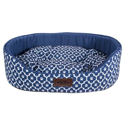 Navy Paw Print Lattice Oval Pet Bed 36x27x10