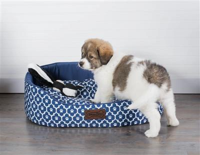 Navy Paw Print Lattice Oval Pet Bed 36x27x10