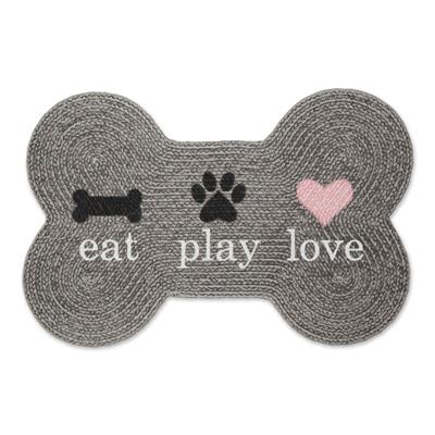 Gray Eat Play Love Bone Shaped Pet Mat 16x24