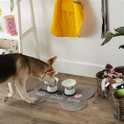 Gray Eat Play Love Bone Shaped Pet Mat 16x24