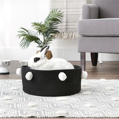 Black Pet Basket With White Pom Poms