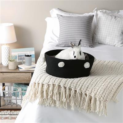 Black Pet Basket With White Pom Poms