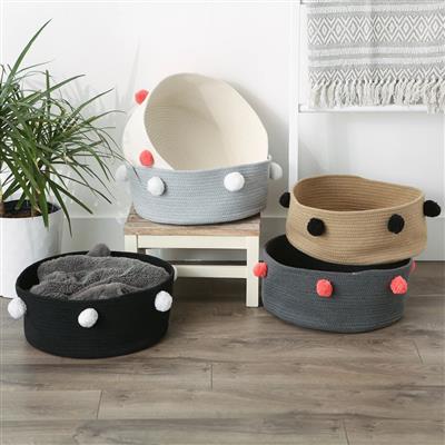 Black Pet Basket With White Pom Poms
