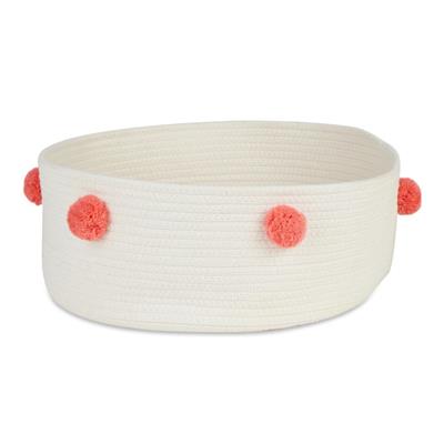 White Pet Basket With Pink Pom Poms