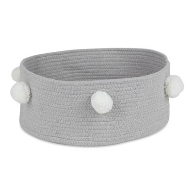 Gray Pet Basket With White Pom Poms