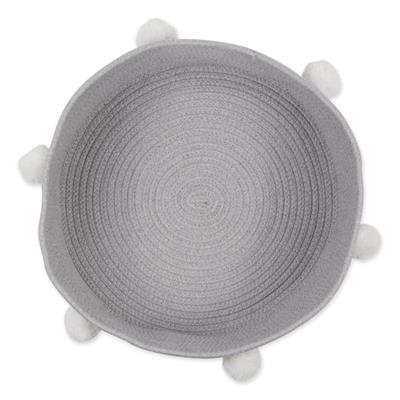 Gray Pet Basket With White Pom Poms