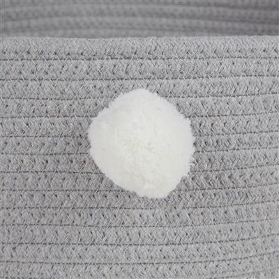 Gray Pet Basket With White Pom Poms