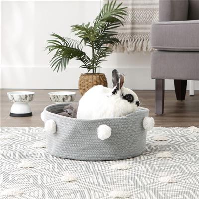 Gray Pet Basket With White Pom Poms