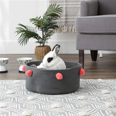 Dark Gray Pet Basket With Pink Pom Poms