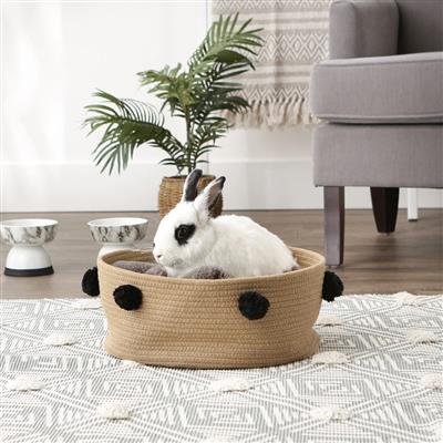 Beige Pet Basket With Black Pom Poms