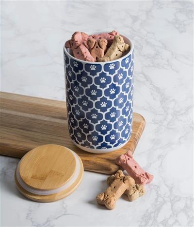 Nautical Blue Paw Lattice Print Ceramic Treat Canister