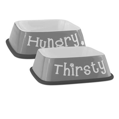 Hungry/Thirsty Gray Square Pet Bowl; Set of 2