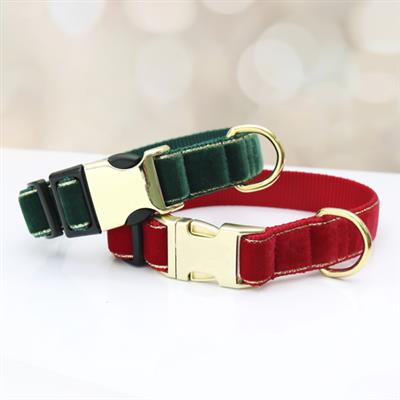 Jubilee Holiday Dog Collar & Leash — Red and Green Velvet with Gold
