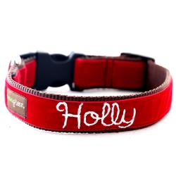 'Holly' Red Velvet Personalized Dog Collar - Hand Embroidered