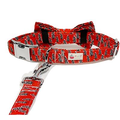 Snowy Pines - Red Pine Tree Dog Collar and Bow Set - Ready to Ship