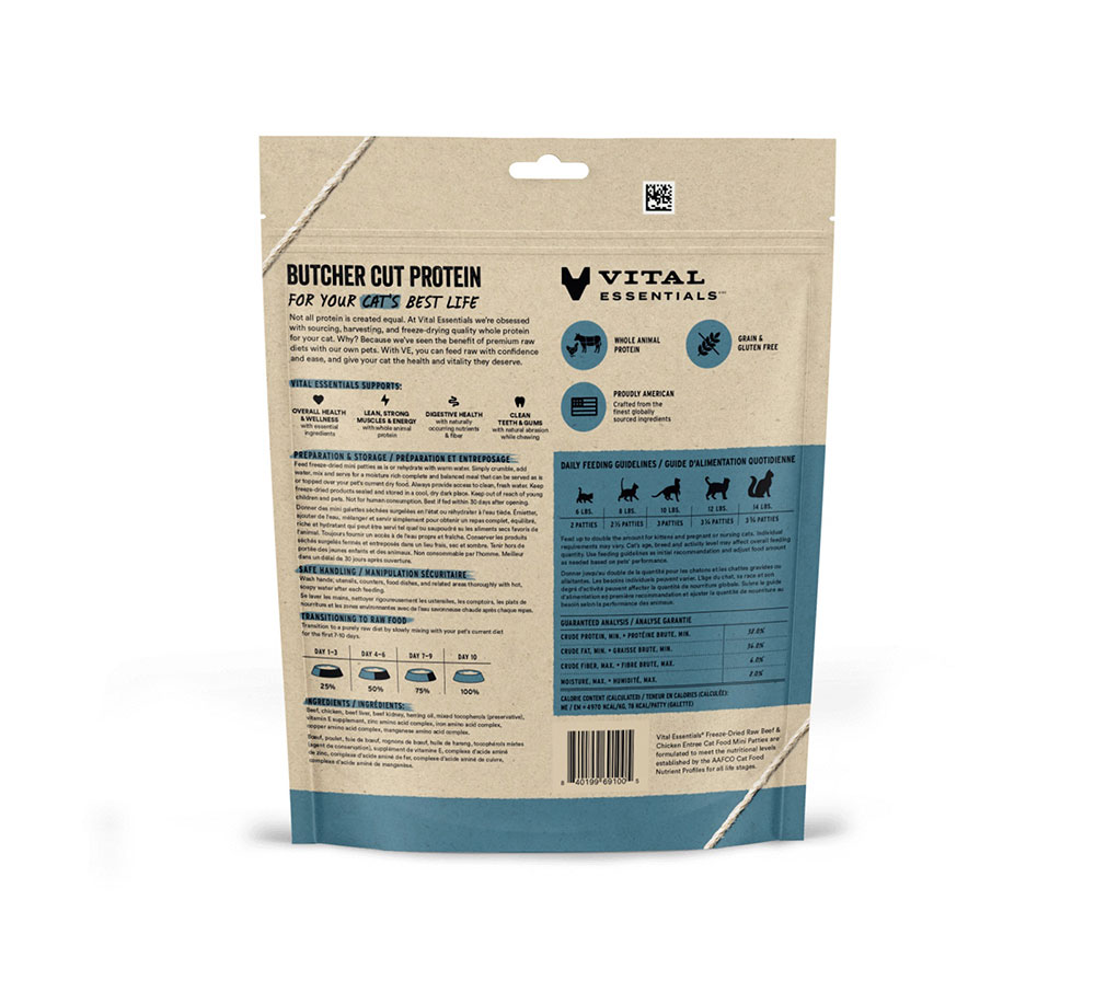 Vital Essentials Freeze Dried Raw Cat Food - Beef & Chicken Soft Nibs 12oz For Picky Eaters